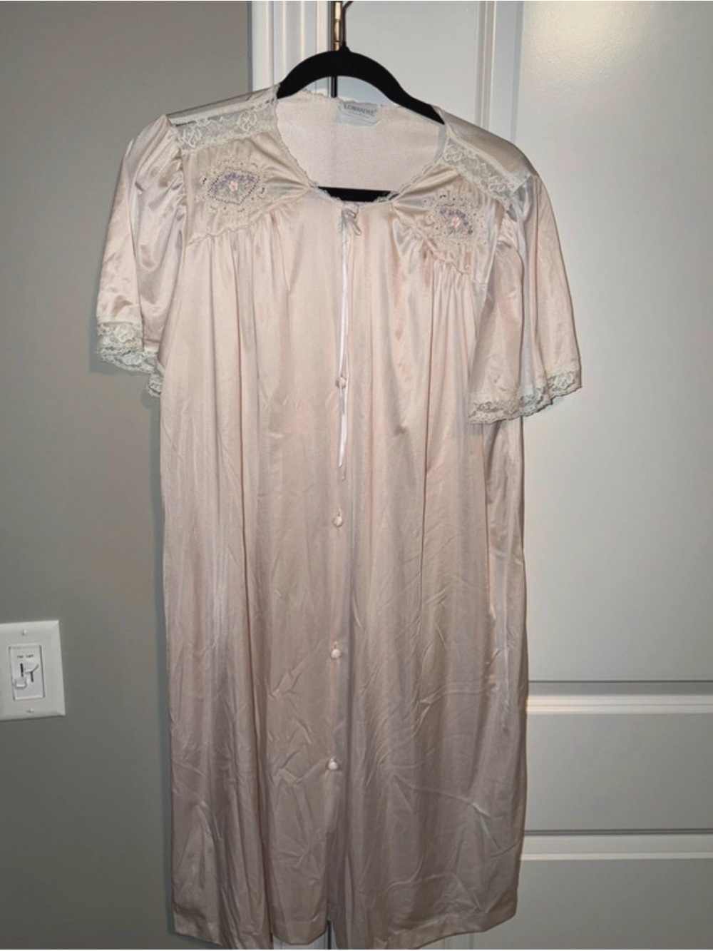 Vintage Satin Short-Sleeve Button-Front Nightgown in Light Pink with Lace